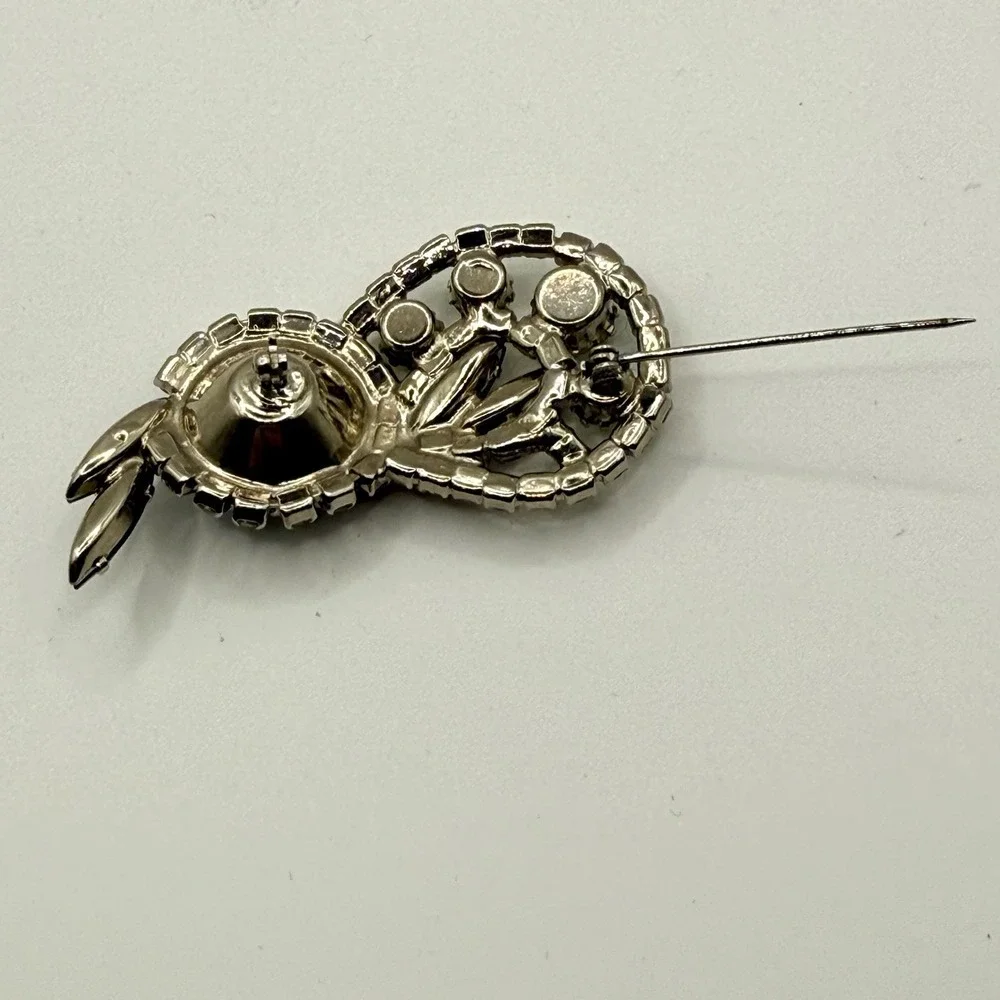 Vintage Black Rhinestone Brooch Silver Tone Clear Crystals Mid Century